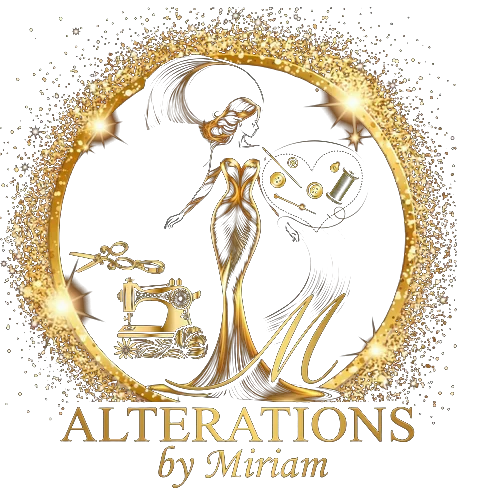Alterations by Miriam emblem: a golden figure in a draped gown forming the letter M, with a sewing machine, tailor's scissors and a heart pincushion inside a ring of gold light.